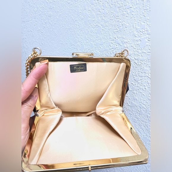 Vintage Mardane 50’s Black Silk Clutch Top Handle Gold Chain Handbag Purse - Picture 8 of 12